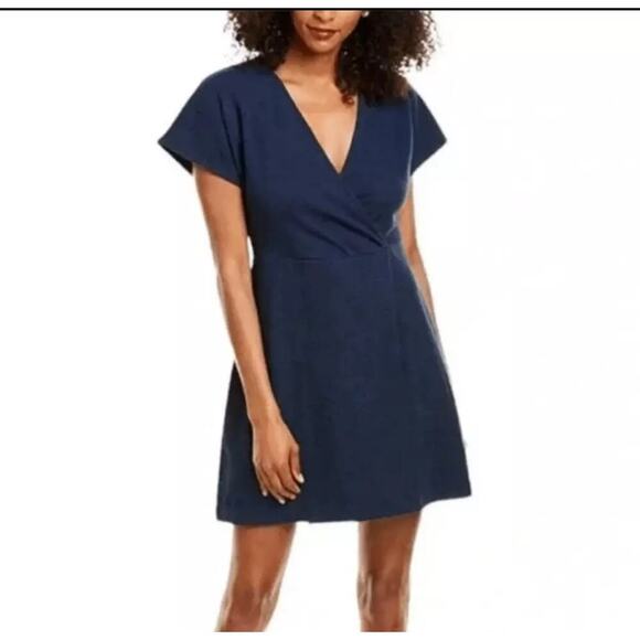 Madewell Navy Faux Wrap Flutter Short Sleeve Cotton Blend Mini Dress Sz Medium - Picture 1 of 8